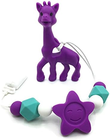 Silicone Beads Giraffe Teether Clip, Baby Teether Pacifier Giraffe, Silicone Teething Pacifier Necklace Hanging Toy ,Premium BPA-free 100% Food Grade Nursing Rainbow Beads Giraffe (Purple)