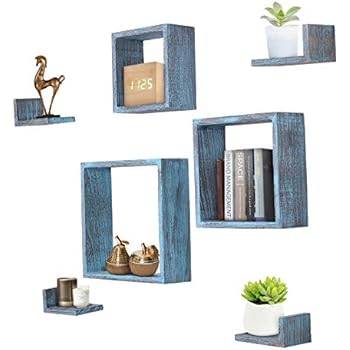 Comfify Rustic Wall Mounted Square Shaped Floating Shelves - Set of 7 - 3 Square Shelves and 4 L-Shaped Rustic Shelves - Screws and Anchors Included - Rustic Wall Décor - Rustic Blue