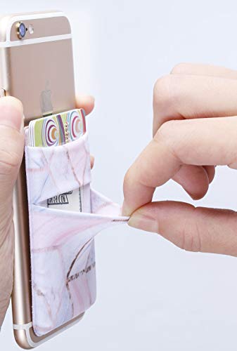 2Pack Phone Card Holder Stretchy Lycra Stick on Wallet Pocket Credit Card ID Case Pouch Sleeve 3M Adhesive Sticker for Back of iPhone Samsung Galaxy Android Smartphones-Rose Gold Marble Double Pocket