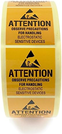 2" x 2", ESD ATTENTION Orange Warning Stickers, Adhesive Labels, 1 Roll of 1000