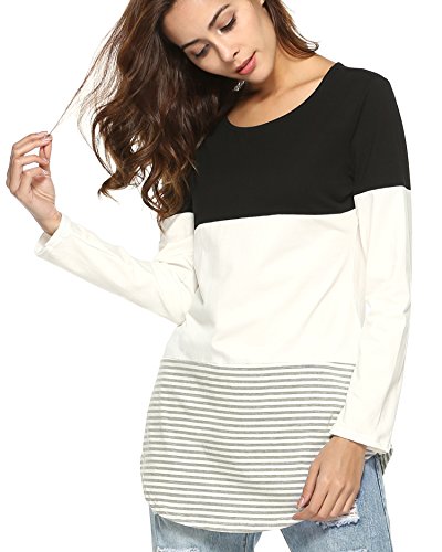 Aliex Women's Casual Long Sleeve T-Shirt Color Block Tunic Top Black S - Thumbnail 4