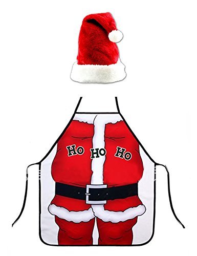 Funny Christmas Apron, Hilarious Santa Claus Apron and Plush Christmas Hat Red Christmas Cap Santa Cosplay Costume for Adults Kids Children by DomeXmas