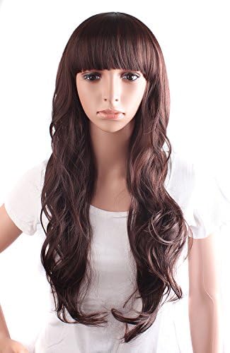 MapofBeauty Daily Use Beautiful Women's Flat Bang Long Wavy Curly Wig (Dark Brown)