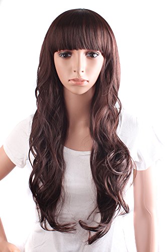 MapofBeauty Daily Use Beautiful Women's Flat Bang Long Wavy Curly Wig (Dark Brown)