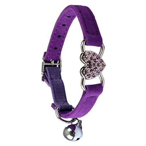 SODIAL(R) Heart charm and bell cat collar safety elastic adjustable with soft velvet material collar pet product small S purple