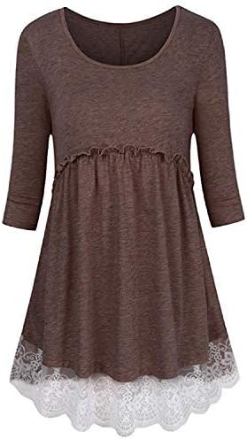 Vcegari Womens Junior Crew Neck A-Line Flowy Tunic Tops Lace Trim Shirt Blouse