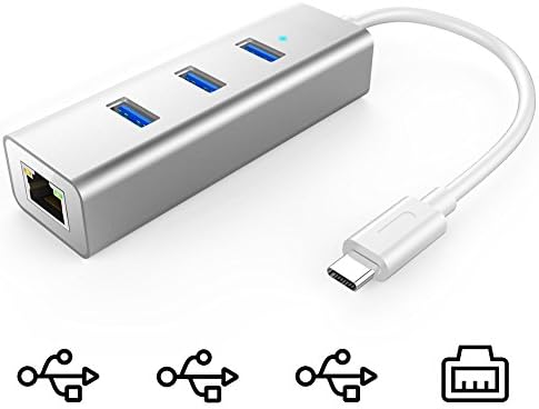 Hhusali 3-Port USB-C to USB 3.0 Aluminum Portable Data Hub, with 10 Mpbs, 100 Mbps, 1000 Mbps, or 1 Gigabit Network Adapter with Ethernet Port, for MacBook Pro 2016, ChromeBook, XPS and More