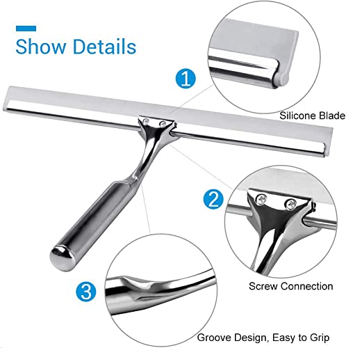 Quntis Escobilla de Silicona para Ducha con Mango de Acero Inoxidable, escobilla limpiacristales para Ventana de baño, Cocina, automóvil, hogar con Soporte de Pared Profesional