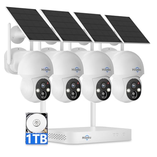 Hiseeu Camara de Seguridad Exterior, Kit de 4 cámaras Inalámbricas de 4 MP con Energía Solar, WiFi de 2,4 G y 5 G, Visión Nocturna a Color, Visión de 360°, Grabación Local en Disco Duro de 1TB
