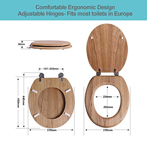 Angel Shield Antibacterial Wooden Toilet Seat - Adjustable Hinges, Always Fits, Never Slips - 45 x 37 x 5.6 cm (Solid Oak)