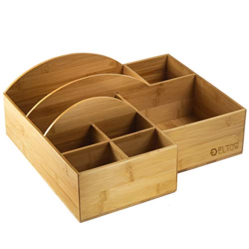 Eltow Bamboo Plate and Cutlery Organizer: Large Kitchen Spoon, Fork, Knives and Cups Holder - Stylish and Sturdy Bowl, Napkin and Tableware Dispenser - Home, Restaurant, BBQ and Picnic Plate Organizer
