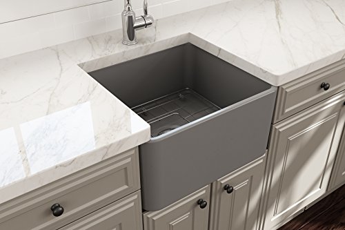 Classico Farmhouse Apron Front Fireclay 20 in. Single Bowl Kitchen Sink with Protective Bottom Grid and Strainer in M.Grey