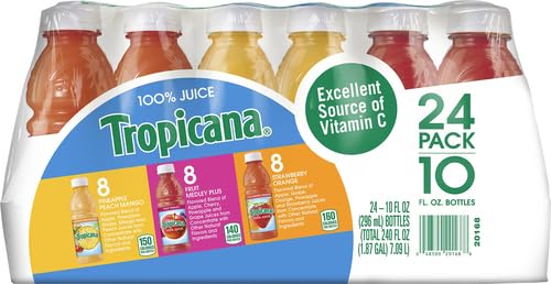 TROPICANA 100% JUICE VARIETY PACK – PINEAPPLE PEACH MANGO, FRUIT MEDLEY & STRAWBERRY ORANGE, SINGLE SERVE, 10 FL OZ BOTTLES (PACK OF 24) – VITAMIN C RICH, NO ADDED SUGARS, NO ARTIFICIAL FLAVORS