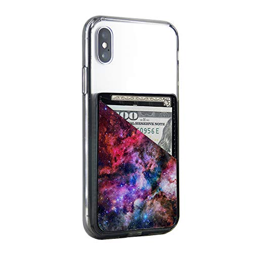 Obbii Outer Space Nebula Galaxy PU Leather Card Holder for Back of Phone with 3M Adhesive Stick-on Credit Card Wallet Pockets for iPhone and Android Smartphones