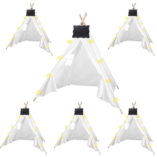MBJZSL 6pcs Teepee Tents Set with Markeable Small Blackboards and 10FT String Lights, Foldable Indoor Outdoor Play Teepee Tent for Girls & Boys, for Birthday Party Boho Sleepovers Party (White)