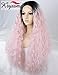 K'ryssma Baby Pink Lace Front Wigs Ombre Long Curly Synthetic Wig with Black Roots Middle Part Heat Resistant Light Pink Wig for Women 24 inches
