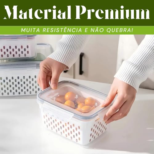 Kit 3 Potes Organizadores de Geladeira Hermético com Trava nas Tampas Borracha Isolante e Cesto de Escorrer Removível - Organizador de Frutas Legumes Saladas - Sem BPA - Qualidade Premium - Shop100
