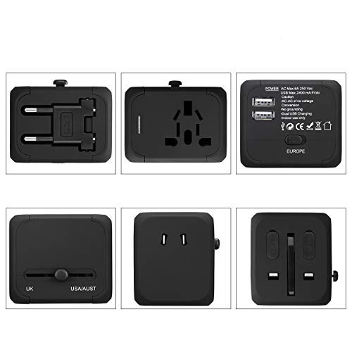 FLOUREON Universal Travel Power Adapter USB Wall Charger Outlet Plug All-in-one International Power Adapter with 2.4A Dual USB Charger for UK, EU, AU, Asia Covers 150+Countries,Black+Surge Protection
