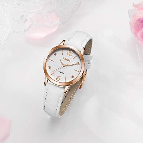 YOSIMI Woman Watch Waterproof Analogue Quartz White Leather Strap Rosegold Case