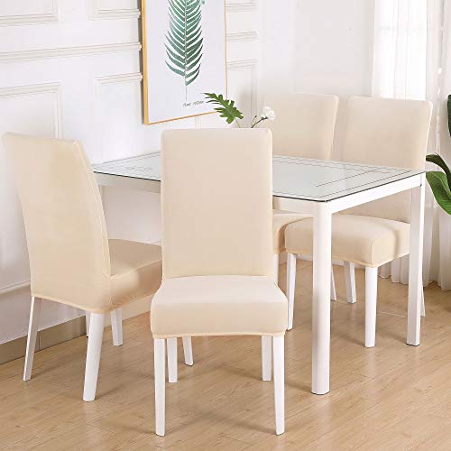 SearchI 6 Pack Fit Stretch Soft Velvet Dining Chair Covers Slipcover Protector, Removable Washable Fabric Short Chair Cover for Dining Room, Hotel, Ceremony (Creme, 6)