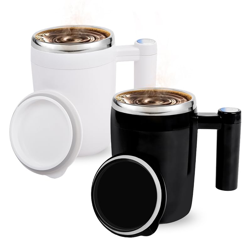 Self-Stirring Coffee Mug Set 14oz - Rechargeable Temperature Control Mug with Magnetic Mixing Technology, 2-Pack Stainless Steel Thermal Cup - Christmas Gift for Coffee Lovers (Classic Black&White)