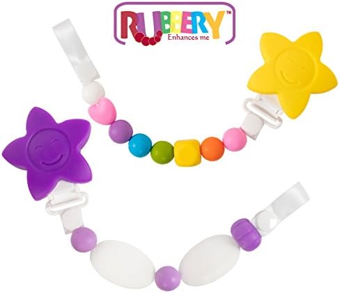 2 pack individualTeether Toy Pacifier Clip - RAINBOW and Lavander Baby Girl or Boy Star Beaded Silicone Teething Toy and Pacifier Clip (Rainbow and lavender)