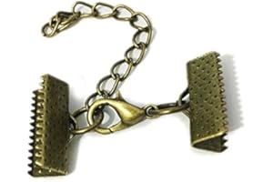 ZHITENG 10 Set Ribbon Clamp Crimp Ends Beads Flat Textured Pinch Accessories with Lobster Clasps Extension Chain Jump Rings Cord Leather Clip Necklace Bracelet Connectors (Bronze Crimp 20mm)