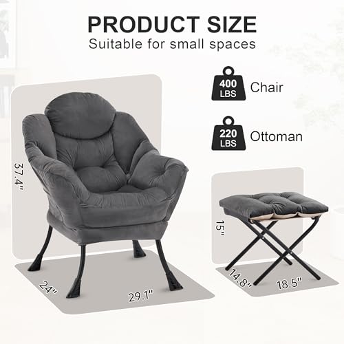 Zedachica Lazy Chair with Ottoman, Modern Upholstered Accent Armchair with Foot Stool, Lounge Reading Chair for Adults, Leisure Living Room Chair with Side Pocket for Bedroom, Dorm, Darkgrey
