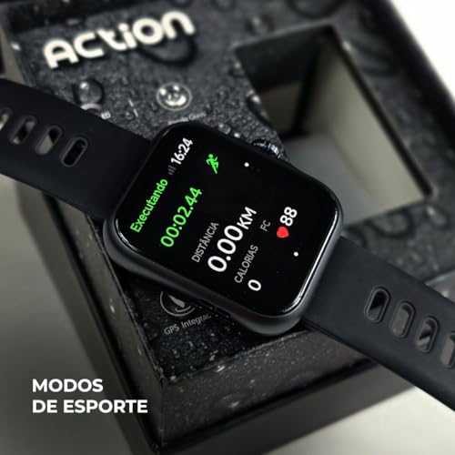 Smartwatch Action com GPS Integrado, Alexa integrada, Tela AMOLED, Resistência 3ATM, A prova d'água, Fitness e Notificações Inteligentes Pulseira Respirável (Preto)