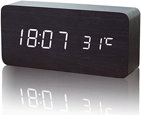 Jcobay Wood LED Digital Alarm Clock with Sound Control Adjustable Brightness for Bedside Office