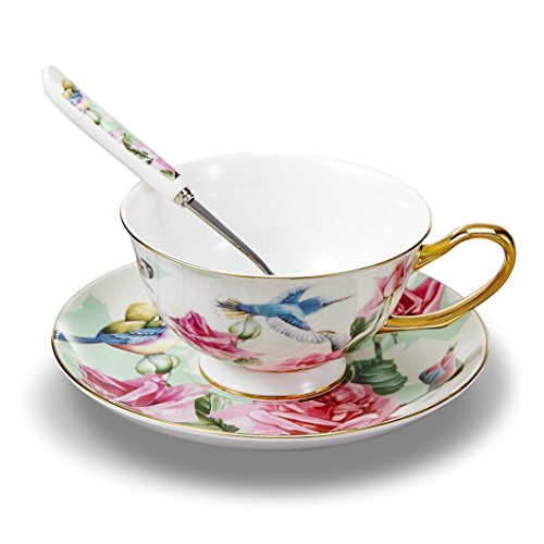 Panbado 3 Piece Bone China Tea Cup Saucer Set With Spoon, Porcelain Gold Rimmed Teacup Coffee, Flower And Birds, 200 mL/6.8 oz., Green
