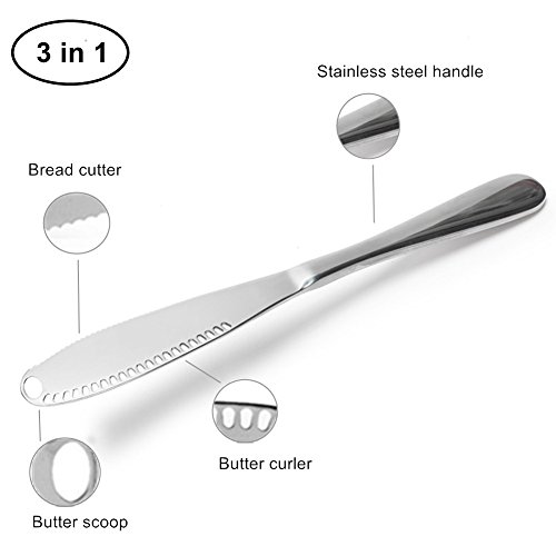 3in1 Multi-function Butter Knife, 2 Pack Stainless Steel Butter Curler & Spreader with Serrated Edge, Shredding Slots for Cutting Vegetables Fruit Cheese-Silvery