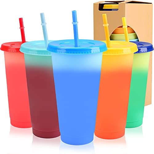 Color Changing Cups, 24oz Reusable Plastic Cold Drink Cups with Lids