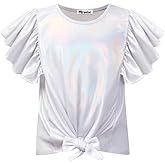 Mirawise Girls Shirts Metallic Tops Clothes Tshirt Ruffle Short Sleeve Tee Size 6-14