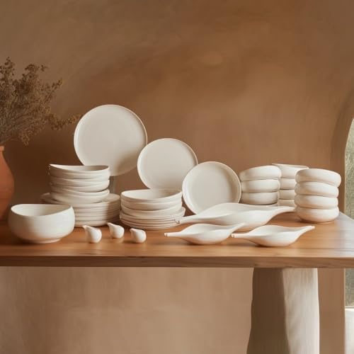 Karaca Earth Collection Clay 55-Piece Dinnerware Set for 12 People, Stoneware, Dishwasher & Microwave Safe, Crockery Set for Daily Use and Special Occasions, White Plate Set
