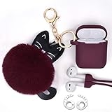 Airpods Case - Airspo Case for Airpods Silicone Case Cover Compatible with Apple Airpods 1/2 Protective Skin with Fur Ball Keychain/Magnetic Strap/Ear Hooks (Burgundy)