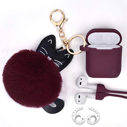 Airpods Case - Airspo Case for Airpods Silicone Case Cover Compatible with Apple Airpods 1/2 Protective Skin with Fur Ball Keychain/Magnetic Strap/Ear Hooks (Burgundy)