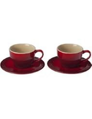 Le Creuset PG8000-0567 Stoneware Cappuccino Cups and Saucers, Set of 2 , Cerise