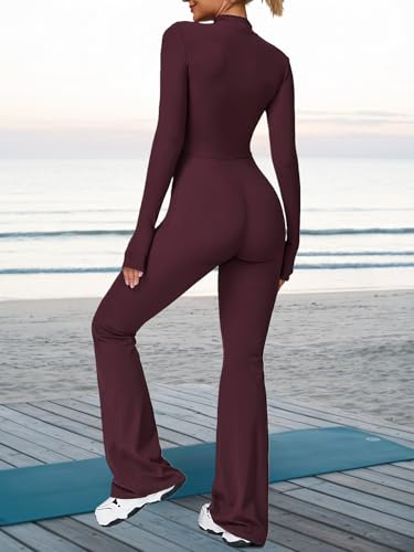 Ecupper Women's Jumpsuit with Long Sleeves, Slit Bottom, Zipper, Jumpsuit, Full Bodysuit, Yoga Unitard, Wide Legs and Sexy