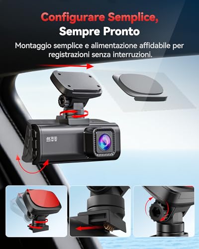 REDTIGER F7N-N Dash Cam Auto 4K Fronte e Retro, WiFi 5.8GHz 20MB/s con APP, Dashcam 2160P/FHD GPS Preciso, WDR, Schermo 3.18", Visione Notturna, Monitor Parcheggio 24H (Senza Scheda)