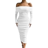LAGSHIAN Women Sexy Off Shoulder Long Sleeve Bodycon Ruched Midi Elegant Cocktail Party Dress