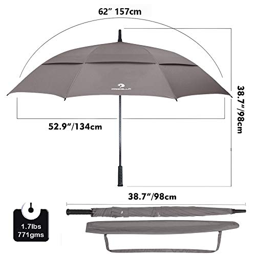 Procella Golf Umbrella Windproof Waterproof - 62 Inch Large Automatic Open Rain & Wind Resistant Vented Double Canopy - Best Golf-Sized Stick Umbrellas for Men and Women (Grey) - Thumbnail 4
