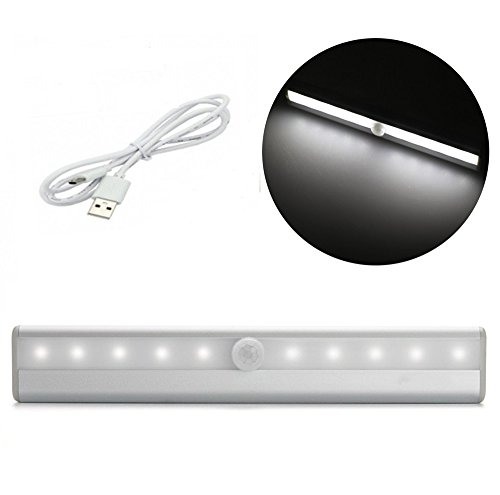 Motion Sensor Wardrobe Light, Wireless Rechargeable PIR Activated Stick-on 10 LED Lamp, Cabinet Cupboard Closet Stairway Emergency Night Lighting, Removable Magnetic Strip Instant ON/OFF