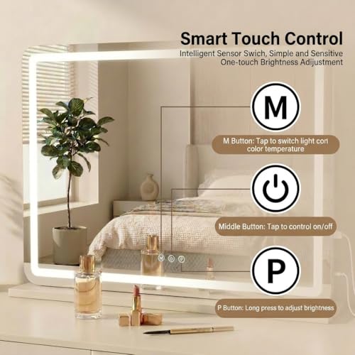 Vanity Mirror with Lights, 80 * 57CM Large Makeup Mirror with LED Lighted, Dressing Table Mirror with 3 Color Dimmable Lights, Touch Control, 5X Magnification for Wall & Desk Tabletop