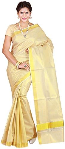 Fashionkiosks Women's Kerala Pure Cotton Kasavu Gold Saree With Attached Blouse
