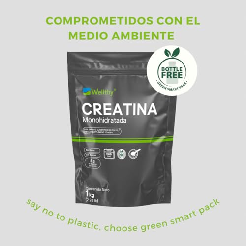 Wellthy Creatina Monohidrata Micronizada 1kg. 100% Pura, Pre Entreno Sin Sabor y Sin Azúcar, 5g de Creatina por porción, 160 días de Consumo, Scoop Incluído, Bottle Free.