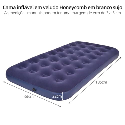 Colchão Inflável Solteiro Azul 186x96x22cm, Colchão de Ar em PVC com Revestimento de Flanela, Colchonete Inflável com Estrutura Honeycomb