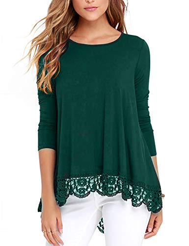 RAGEMALL Women's Tops Long Sleeve Lace Trim O-Neck A-Line Tunic Blouse Tops for Women Green XXL