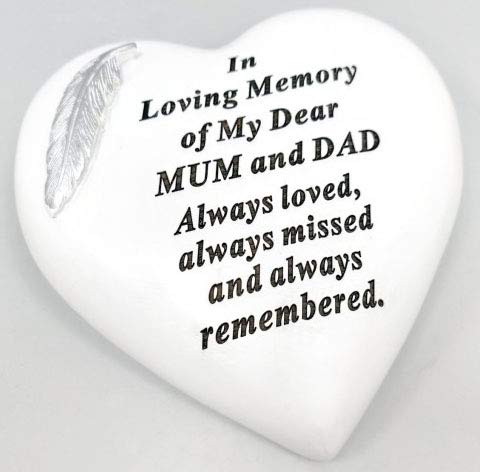 David Fischhoff Mum and Dad White and Silver Feather Heart Stone.ornament Grave Plaque, Waterproof and Weather Resistant