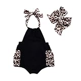 Baby Girls Lovely Halter Backless Leopard Ruffle One-pieces Bodysuit with Headband (6-12M, Black&Leopard)